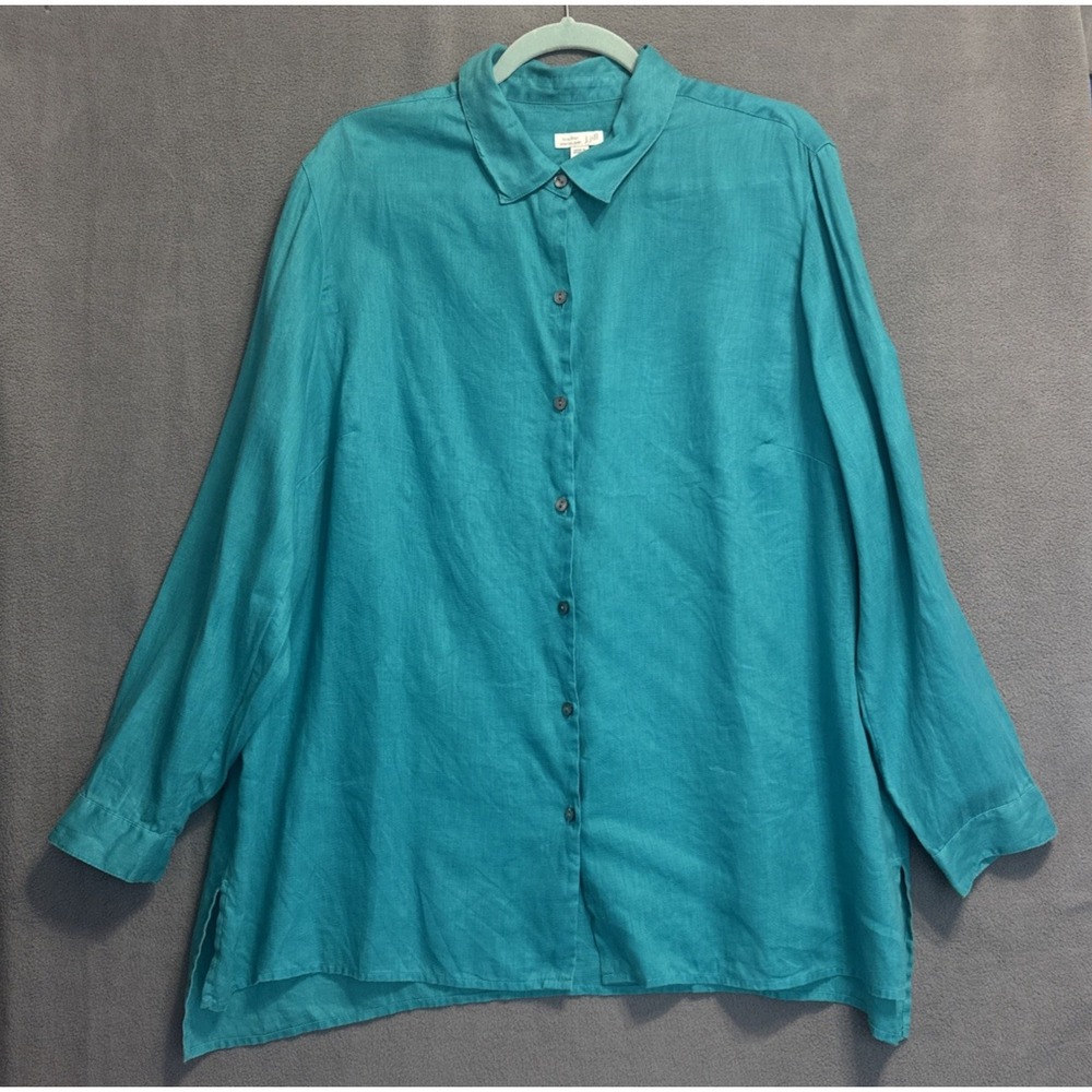 J. Jill Love Linen Essential Shirt Plus Size 2X 100% Linen Turquoise Coastal